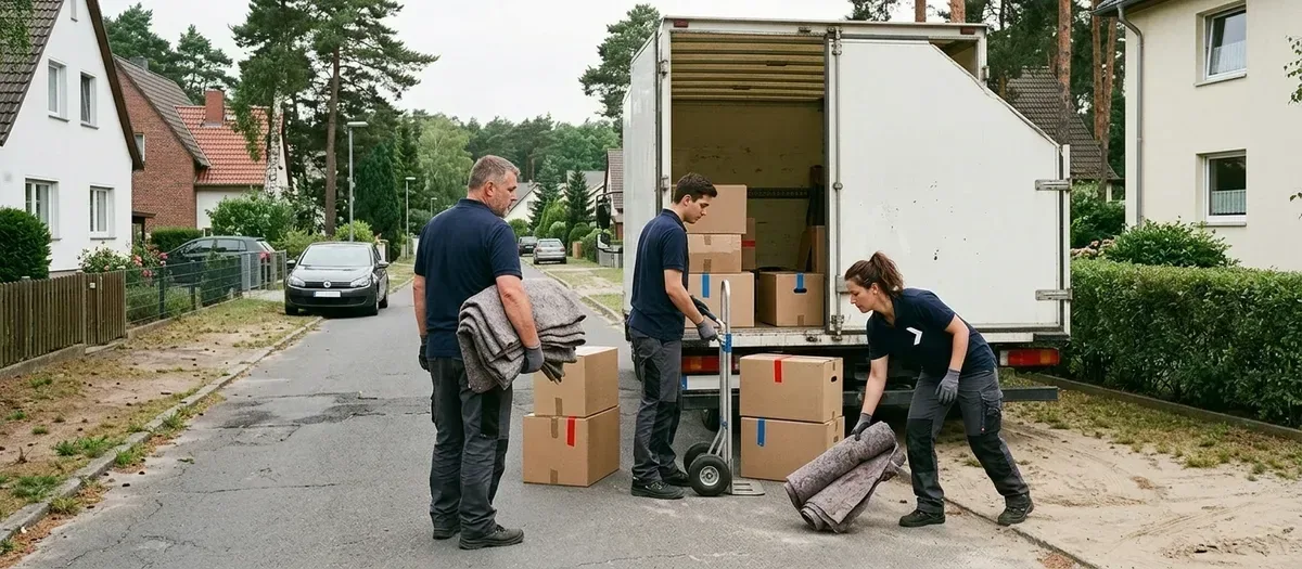 Umzugskräfte mit Möbeldecken und Sackkarre vor dem geöffneten Umzugswagen in einer Wohnstraße