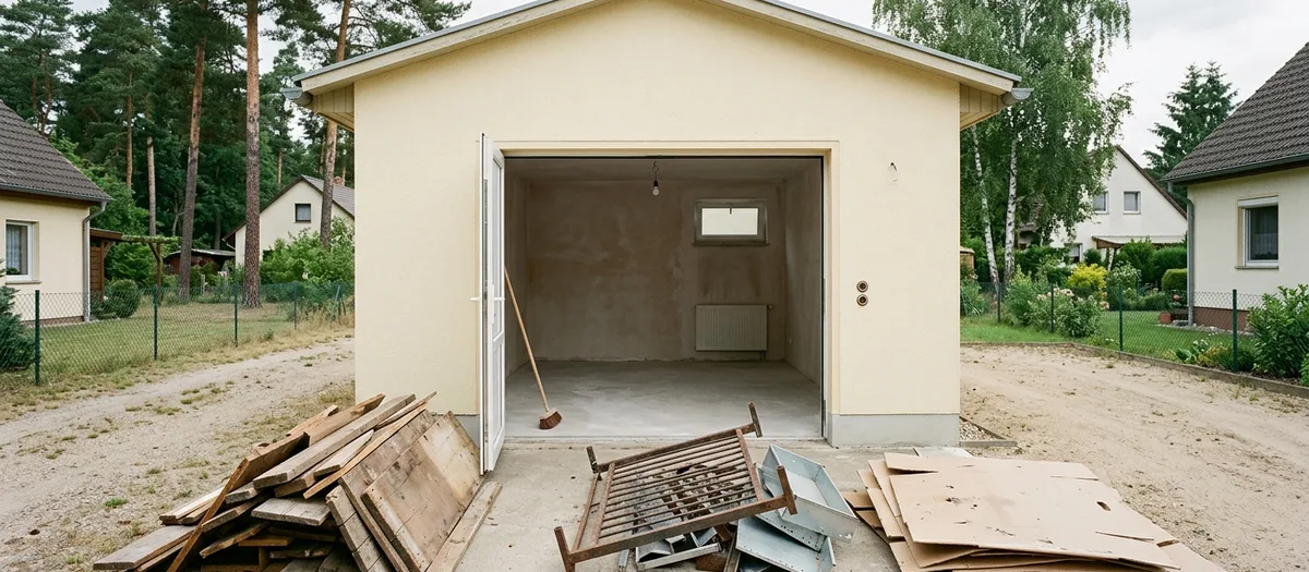 Geräumter Abstellraum mit gefegtem Boden, davor getrennt gestapeltes Holz, Metall und Kartonage zur Abfuhr