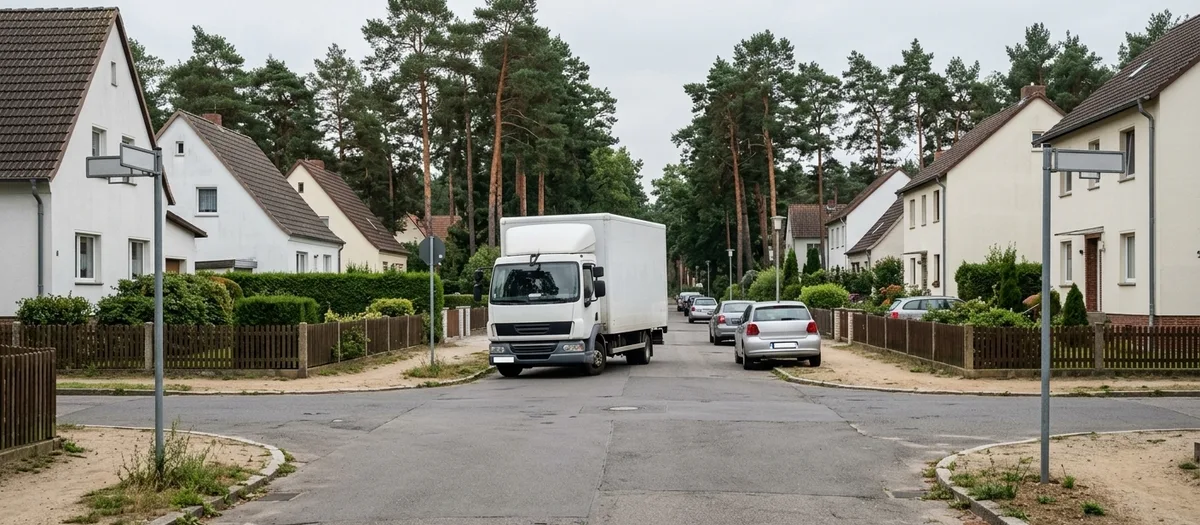 Umzugswagen an der Kreuzung zweier gleich aussehender Wohnstraßen mit Vorgärten in Panketal
