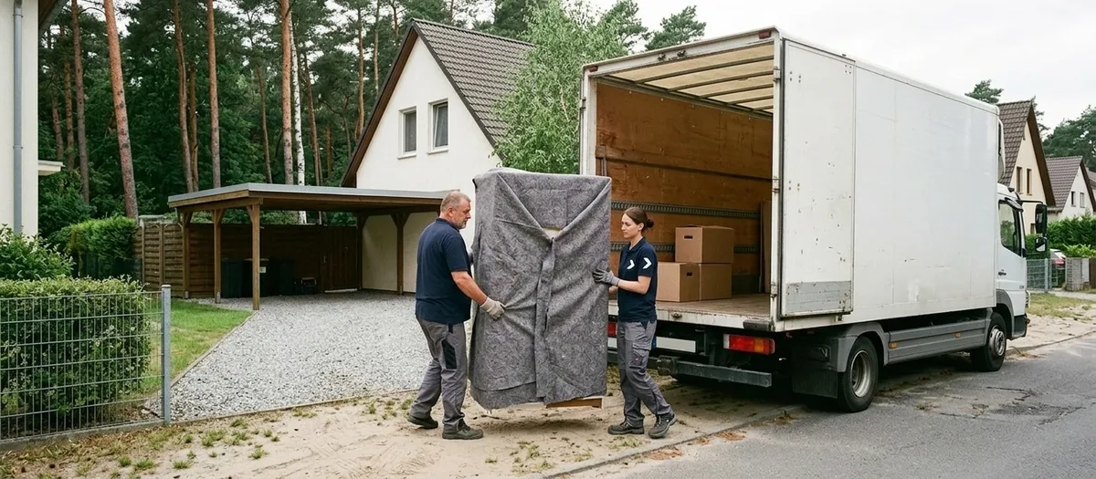 Zwei Umzugshelfer tragen einen gepolsterten Schrank über eine Grundstückseinfahrt zum Umzugswagen