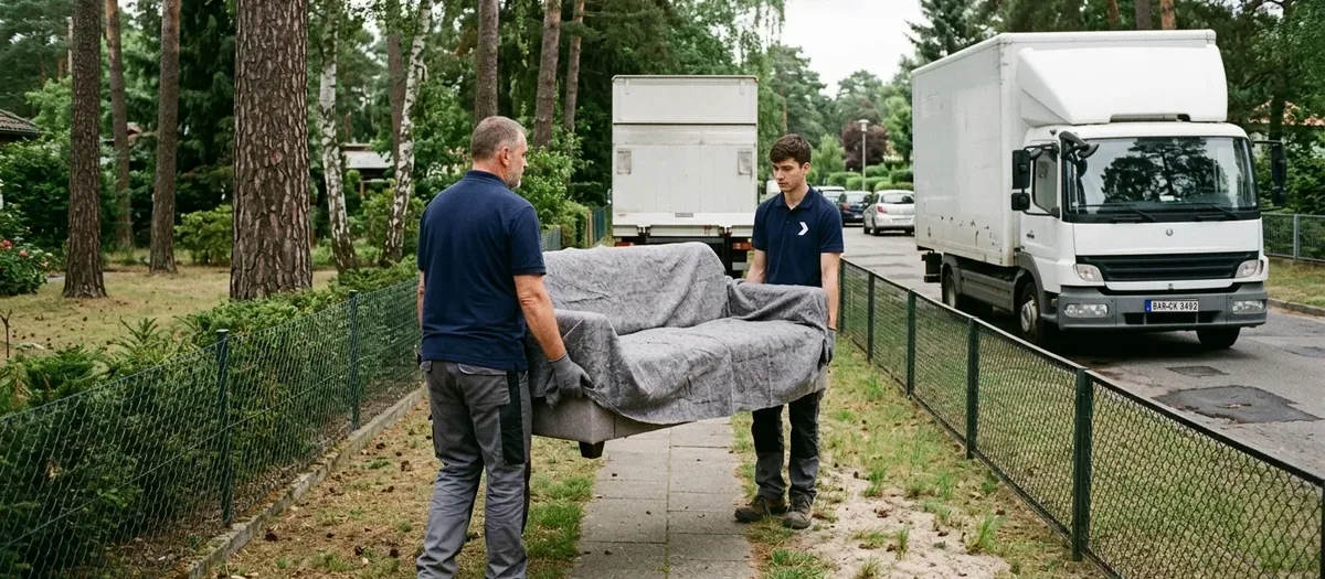 Ein in Möbeldecken eingeschlagenes Sofa wird von zwei Kräften über einen gepflasterten Siedlungsweg zum Umzugswagen getragen