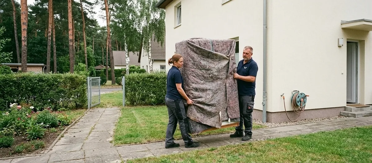 Zwei Umzugshelfer tragen einen gepolsterten Kleiderschrank durch den Vorgarten eines freistehenden Einfamilienhauses in Panketal
