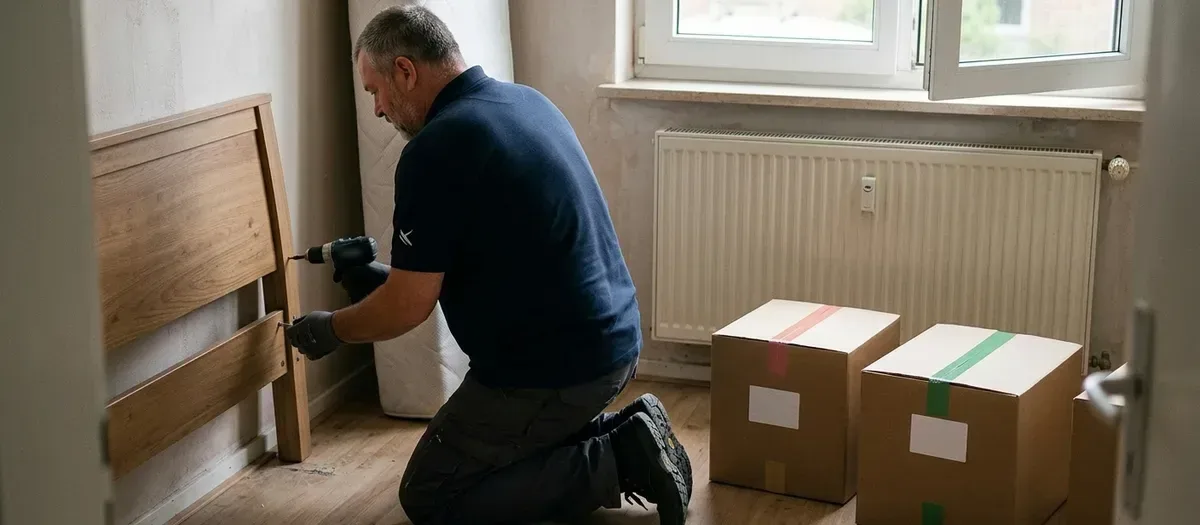 Umzugshelfer stellt in einer hellen kleineren Wohnung ein Bett auf, daneben stehen farbig markierte Kartons für die erste Nacht