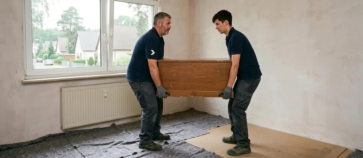 Zwei Personen tragen gemeinsam eine schwere Kommode auf gleicher Griffhöhe über einen abgedeckten Boden