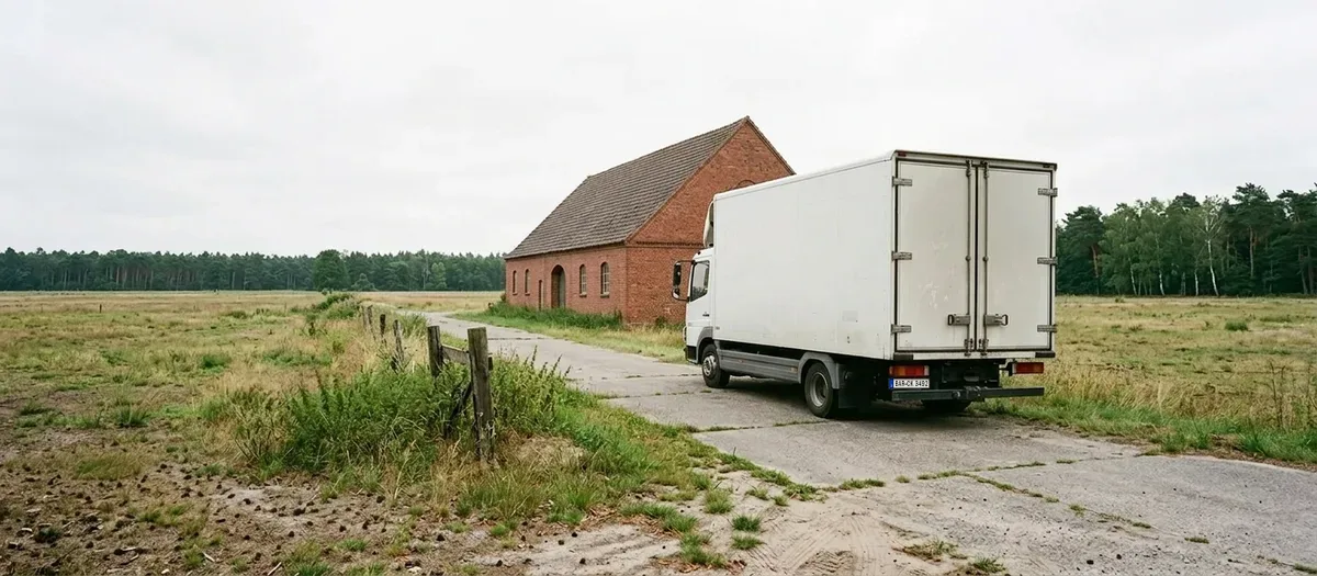 Ein Umzugswagen steht auf einem befestigten Weg vor einem großen alten Gutsgebäude in der offenen Landschaft von Hobrechtsfelde