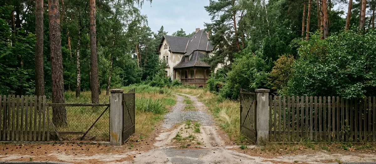 Ein schmales Hoftor führt auf ein großes, bewachsenes Grundstück mit einem villenartigen Wohnhaus in Röntgental
