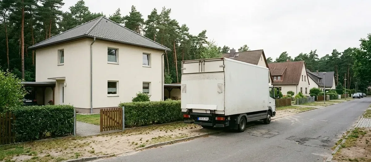 Ein beladener Umzugswagen mit geschlossener Hecktür steht abfahrbereit vor einem Einfamilienhaus mit Vorgarten