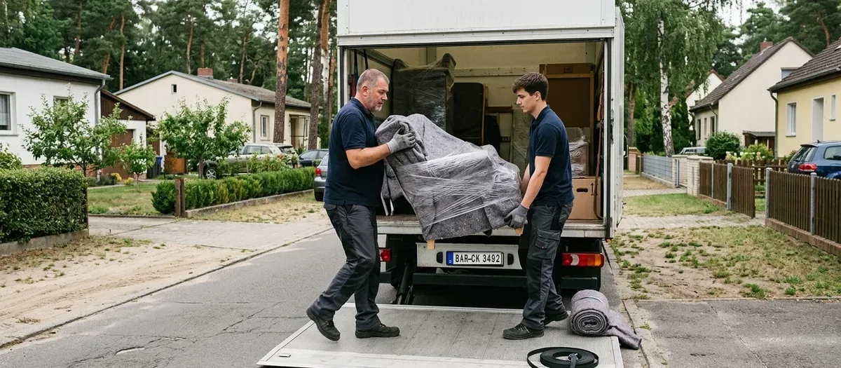 Zwei Umzugskräfte tragen einen in Decken gewickelten Sessel über eine ausgeklappte Ladeklappe in einen Umzugswagen