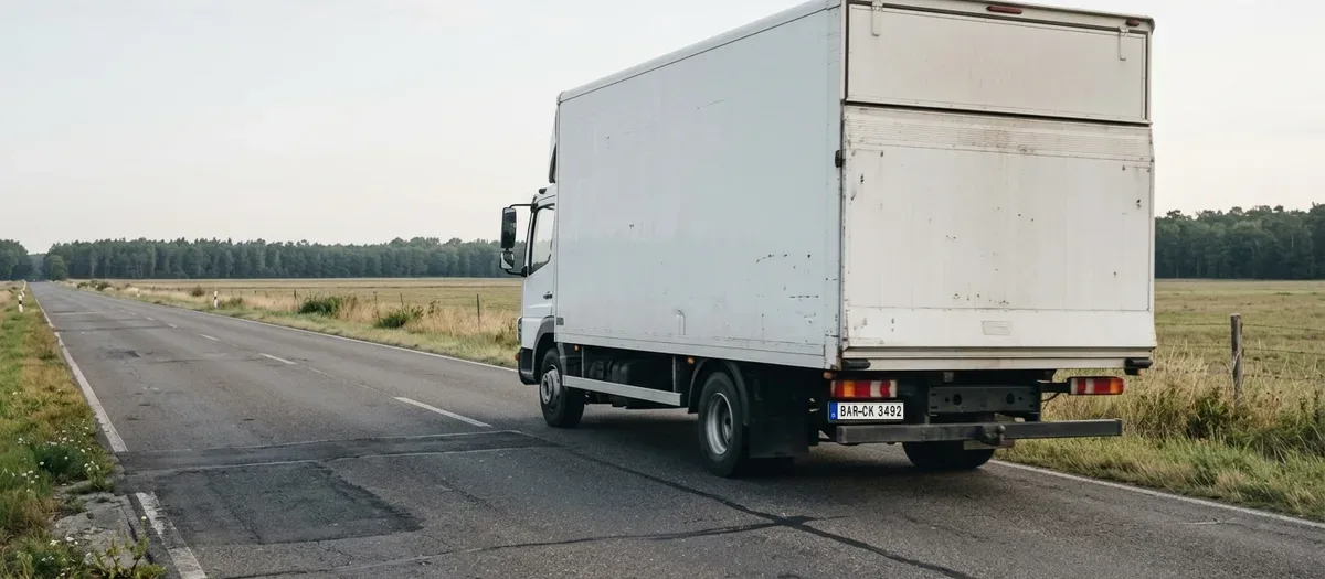 Ein Umzugswagen fährt bei frühem Tageslicht auf einer freien Landstraße durch flaches, offenes Gelände