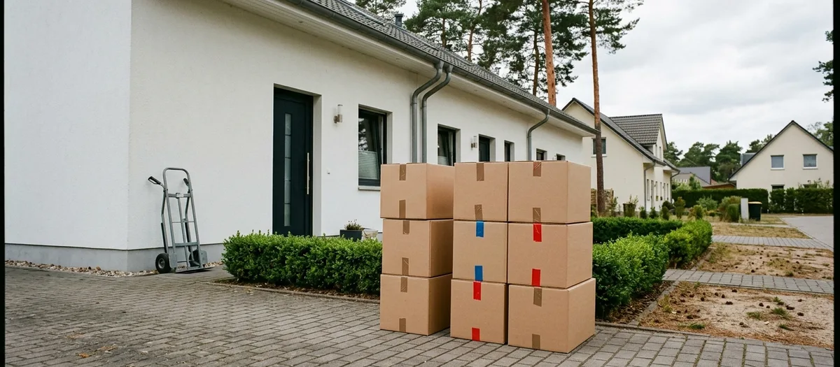 Umzugskartons stehen gestapelt in der Grundstückseinfahrt eines Reihenhauses im Ortsteil Zepernick