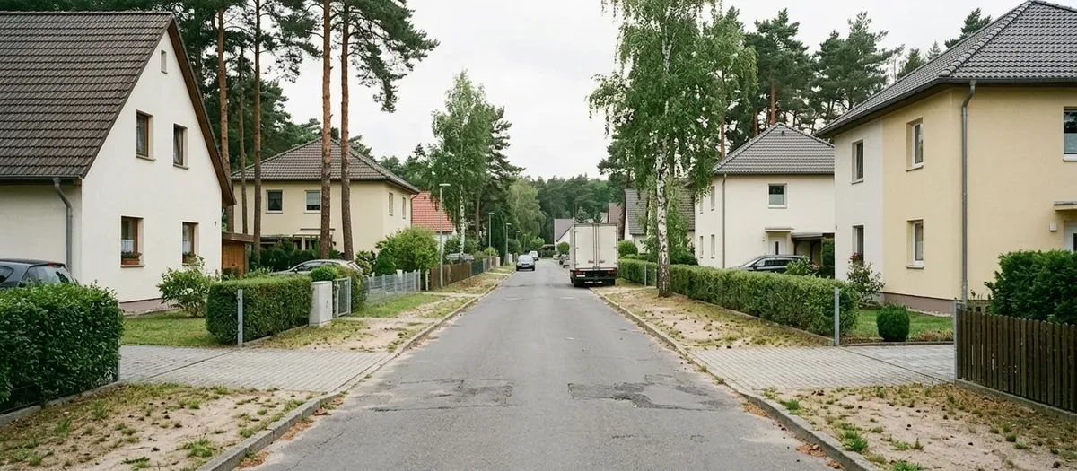 Siedlungsstraße mit freistehenden Einfamilienhäusern und Vorgärten in Panketal, im Hintergrund ein Umzugswagen
