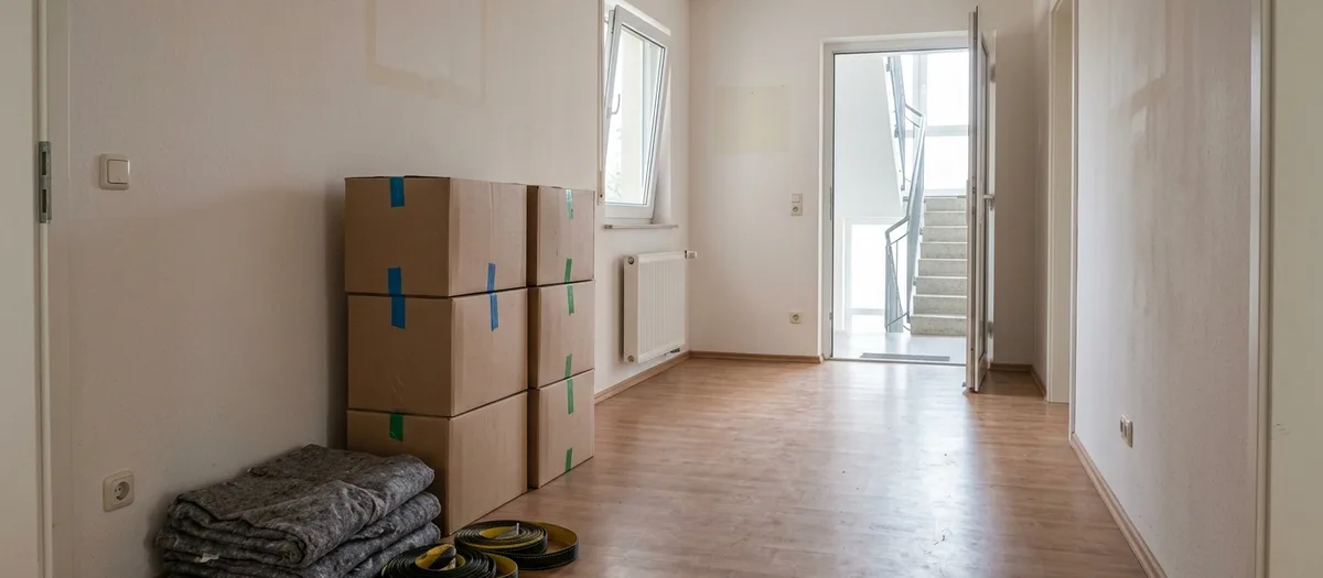 Gestapelte Umzugskartons und zusammengelegte Möbeldecken stehen abholbereit im Flur einer geräumten Wohnung