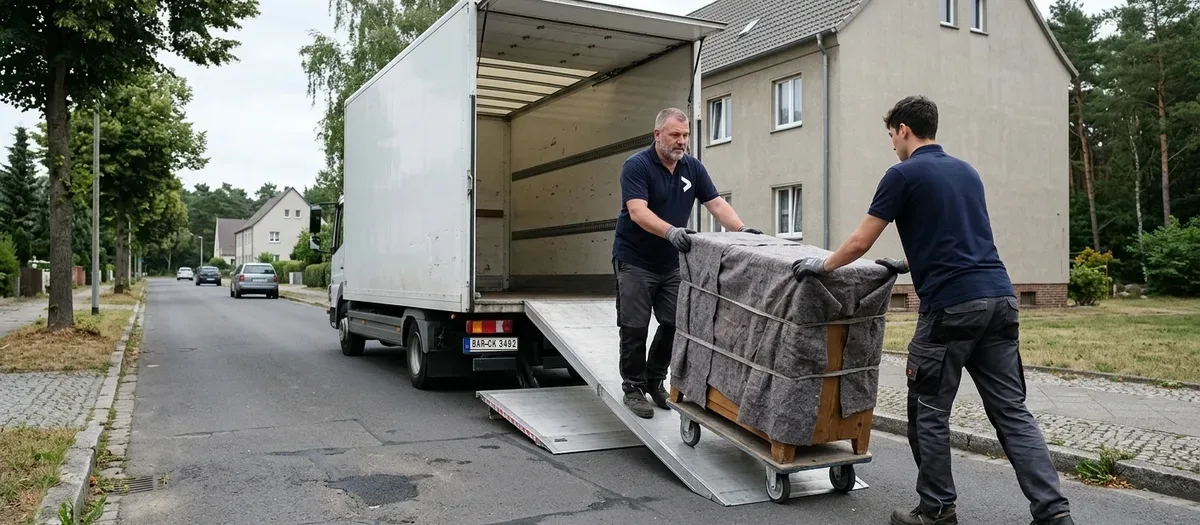 Zwei Umzugskräfte schieben eine gepolsterte Kommode über eine Laderampe vor einem Wohnhaus in Bernau bei Berlin