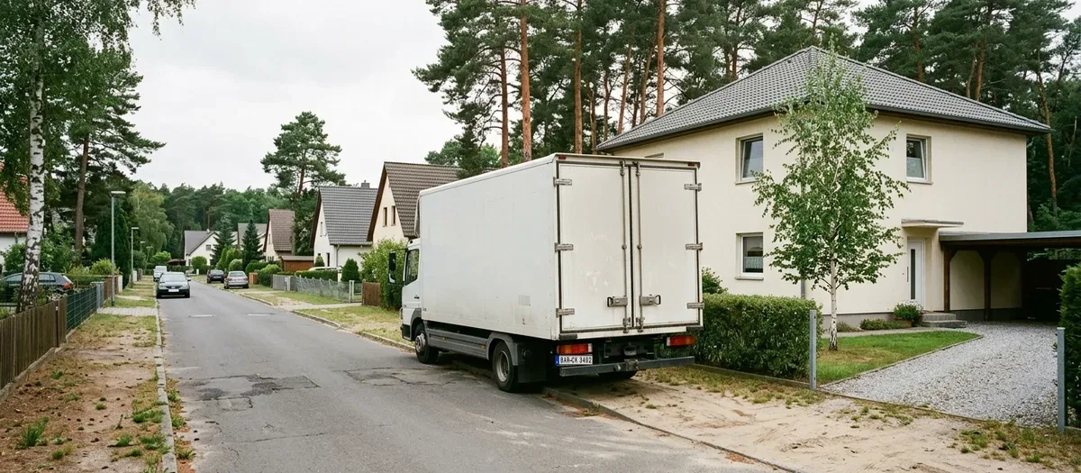 Umzugswagen in einer Wohnstraße in Panketal, daneben ein freistehendes Einfamilienhaus mit Vorgarten