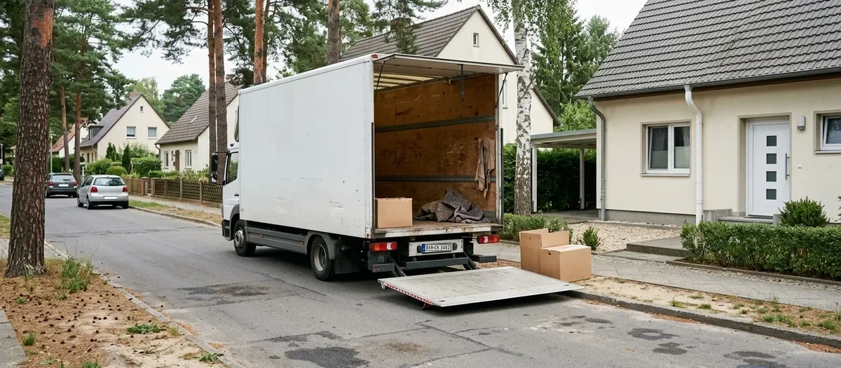 Ein Umzugswagen steht mit ausgeklappter Ladeklappe direkt am Grundstück, zwischen Ladeklappe und Haustür bleibt Raum zum Arbeiten frei