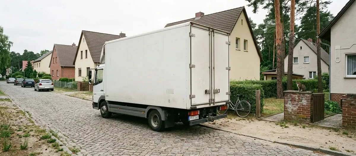 Ein Umzugswagen fährt im Schritttempo durch eine schmale Wohnstraße mit gepflasterter Fahrbahn und Vorgärten
