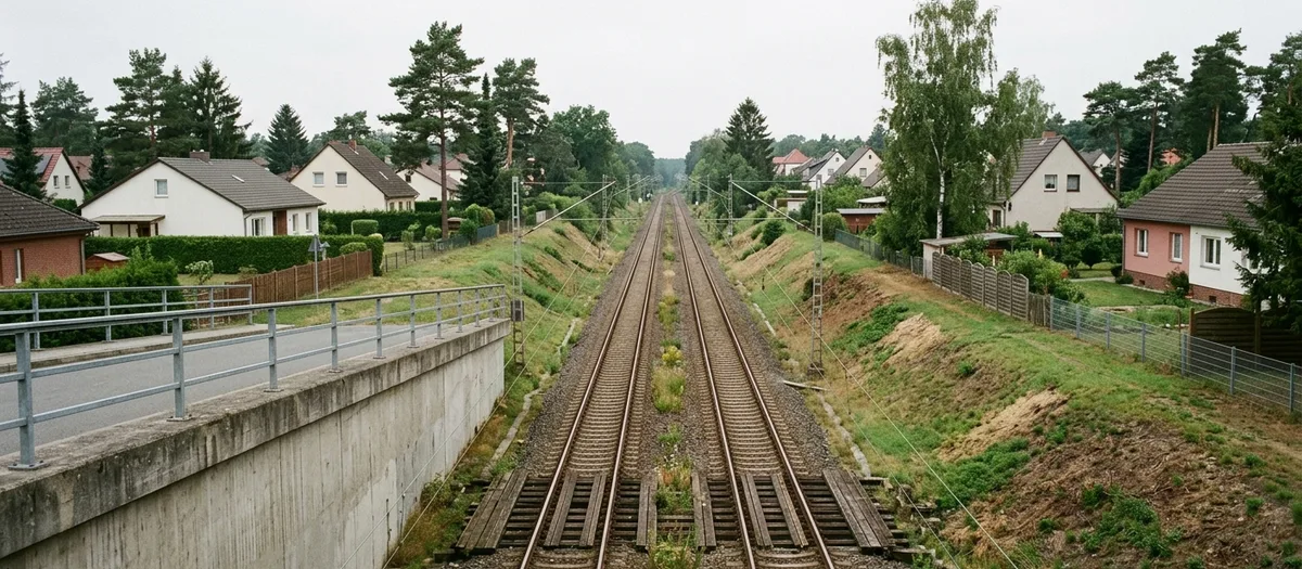 Eine Straßenbrücke führt über zwei Bahngleise, darunter verläuft die Strecke durch ein Wohngebiet in Panketal